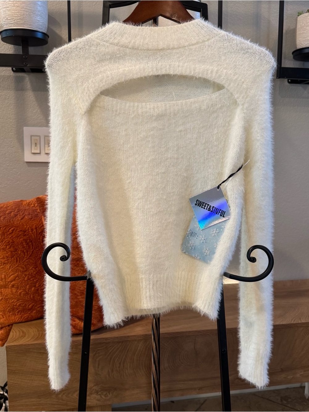 Cream Fuzzy Cutout Sweater